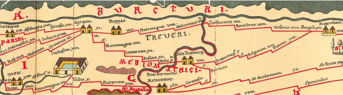 1872 年に Konrad Miller によって行われたポイティンガー図の復元の一部分を抜粋したもの。現代の Birten (Veteribus、左上) から Köln (Agripine) と Bonn (Bonnae) を通って Mainz (Mogontiaco、右上) に至るまでのローマ道路には、 Trier (Avg Tresvirorvm、中央) や Metz (Matricorvm、中央下) への分かれ道がある。