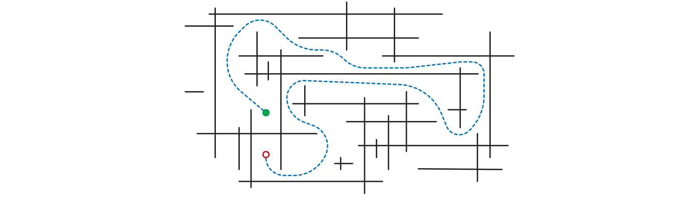 水平および垂直な線分からなる迷路内の二点を結ぶパス