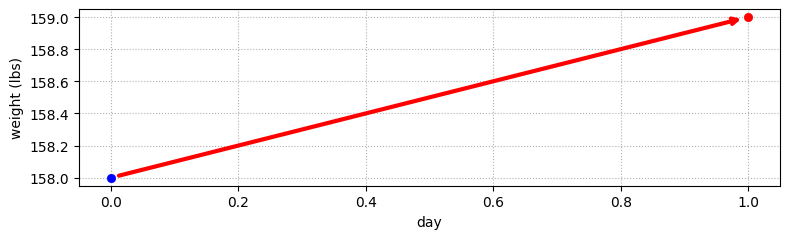 初日の体重の推定値 (青点) と、そこから得られる予測値 (赤点)