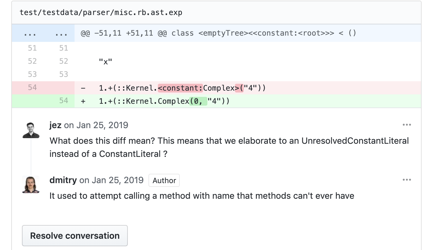 コードレビューで行われた、<code>.exp</code> ファイルに対する変更の詳細に関する会話