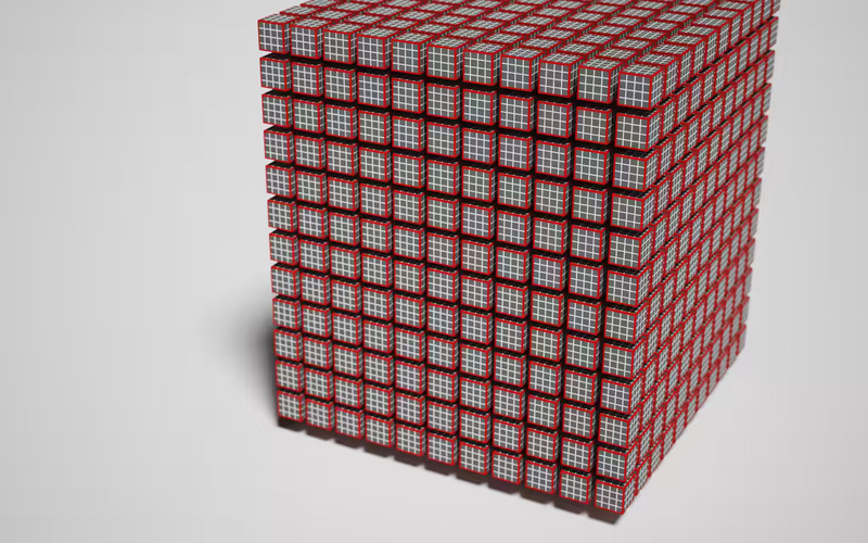立方体の集合全体がワークロードを表す。白い縁の立方体はワークアイテム、赤い縁の直方体はワークグループを表す。
